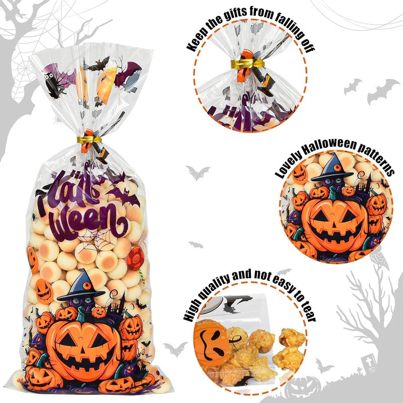 Twavang 150 Pcs Halloween Cellophane Treat Bags, Halloween Trick or Treat Goodie Bags with 170 Pcs Twists for Snacks Cookies Packing (10.8 x 4.9 inches) - Image 5